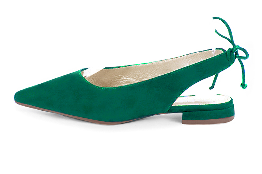 Emerald green women's slingback shoes. Pointed toe. Flat flare heels. Profile view - Florence KOOIJMAN
